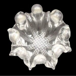 Vintage MCM Clear Art Glass Sunflower Ashtray Waffle Bottom Abstract Textured